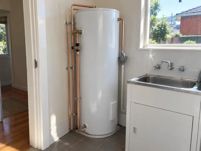 White hot water cylinder with copper pipework beside a laundry sink in a tiled home interior in Malabar