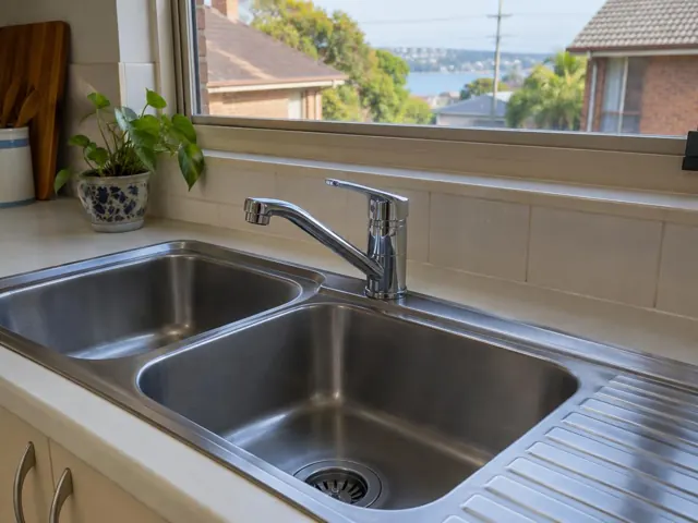 Stainless steel kitchen sink with new mixer tap beside tiled splashback and window in Maroubra